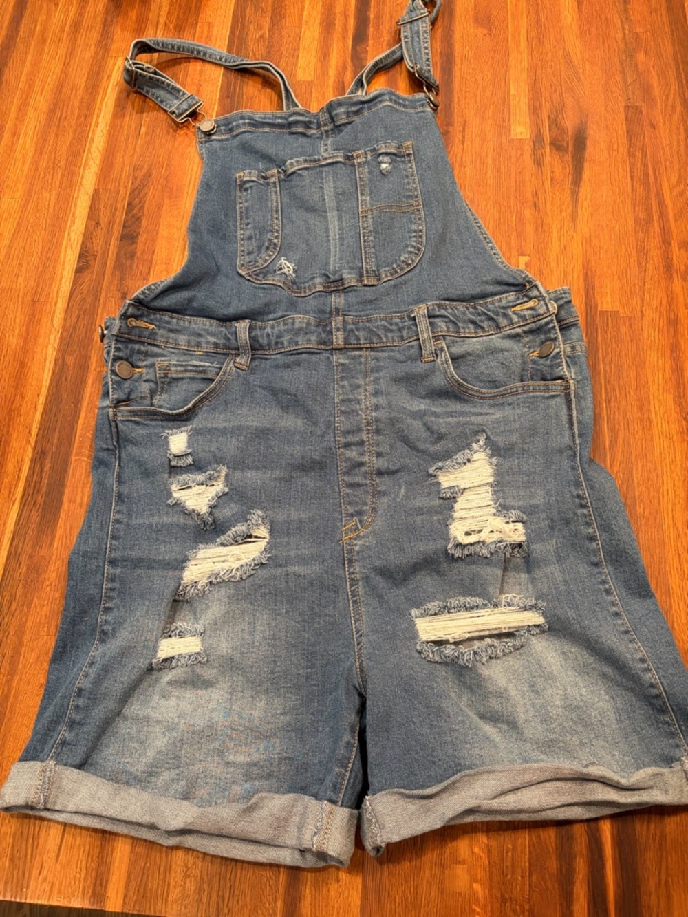 Black Label Distressed Denim Short Overalls in Blue